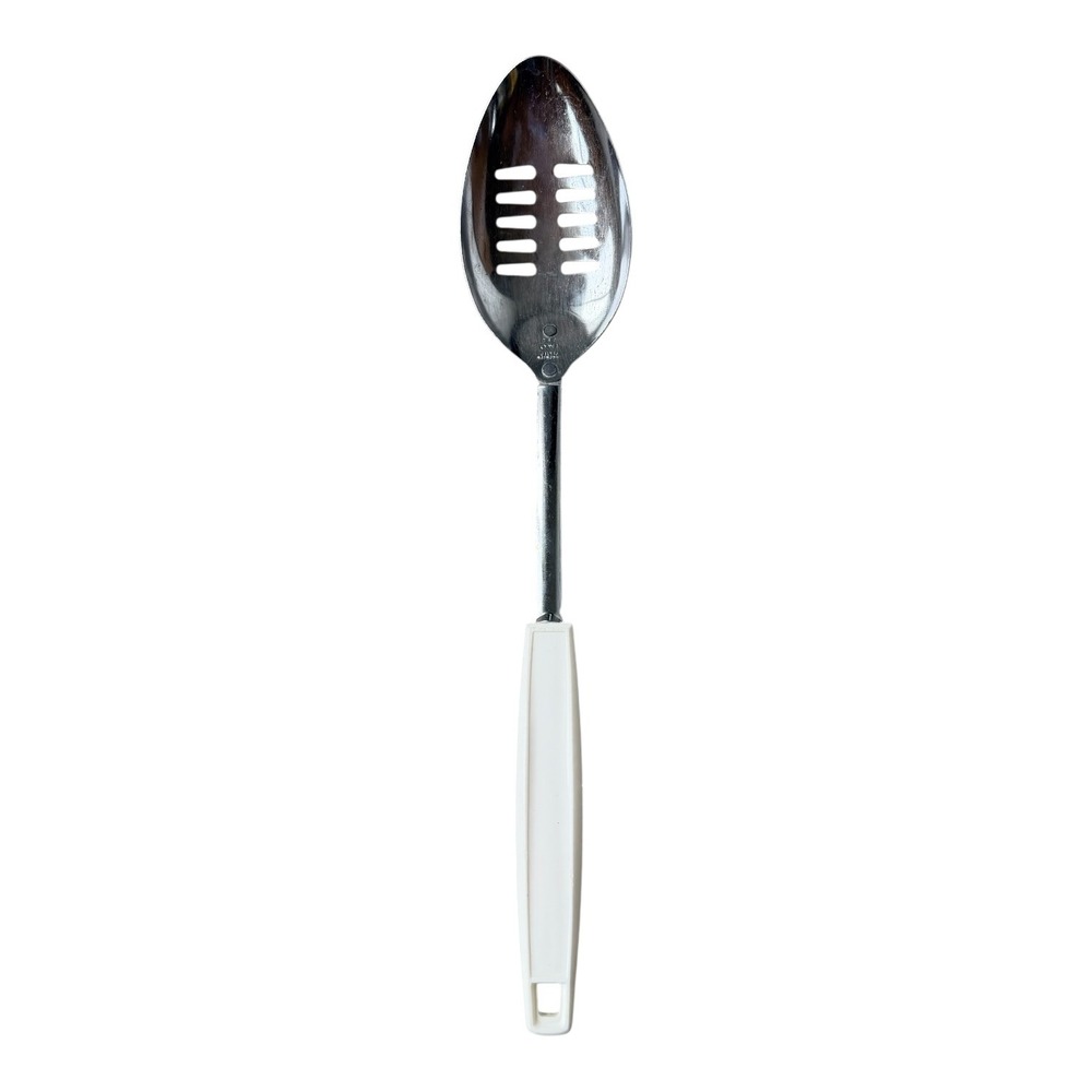 Vintage EKCO Slotted Spoon Chrome Plated White‎ Handle Hanging Utensil Cottage